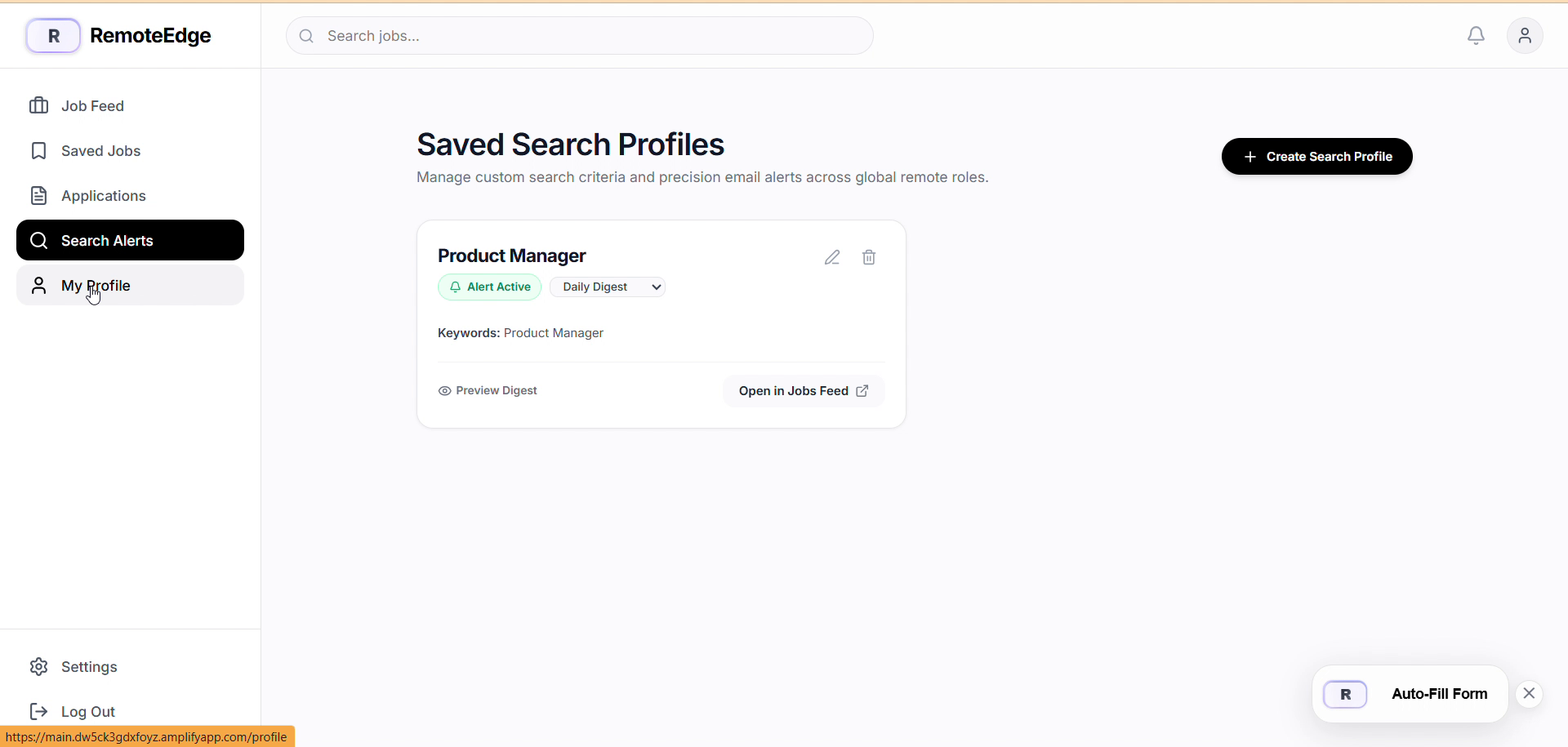 Remote Edge Saved Search Profiles screen with an active Product Manager job alert