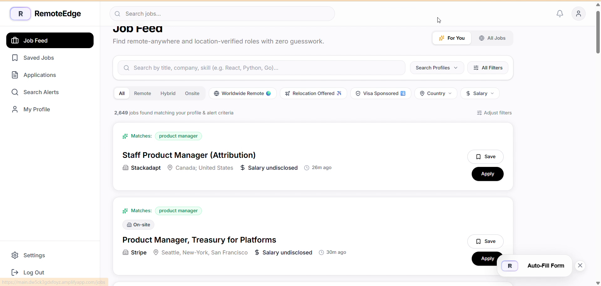 Remote Edge Job Feed with filters for worldwide remote, relocation and visa-sponsored roles