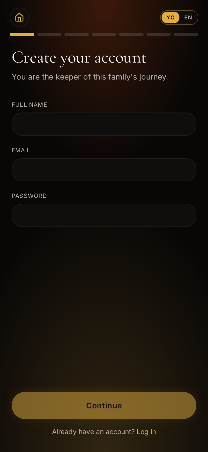 Parent account creation, with Yorùbá / English language switch.